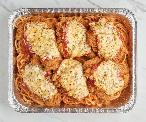 Chicken Parm w/ Spaghetti Tray: Half Tray serves 10 and Full Tray serves 20