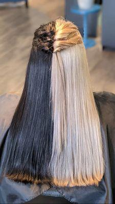 Dual color expertise, blonde and brown all over color, straight hairstyles.