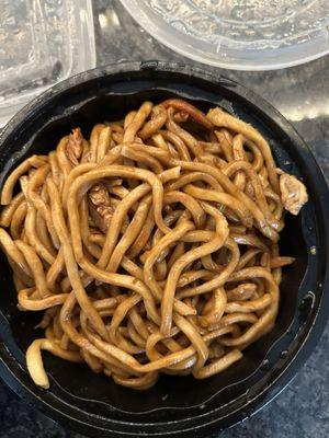 Noodles were overcooked. 1 shrimp hardley any chicken or pork. No vegetables. This was their house special lo mein.