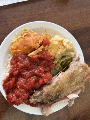 Turkey wings, squash casserole, baked macaroni and cheese, stewed tomatoes (best I've ever had) and seasoned cabbage