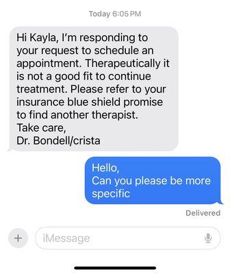 The text he sent me saying he can't see me anymore and wouldn't respond why.