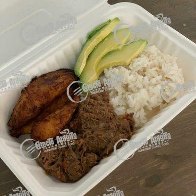 Beef Bowl with avocado and sweet plantains.