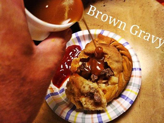 Steak n Taters with Brown Gravy you pour on and Ketchup for Dipping