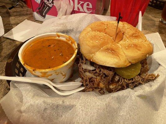 Red pepper Gouda soup and brisket sandwich