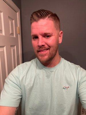 Bald fade, with a straight razor hard part. Followed by a complete beard trim/ line up.