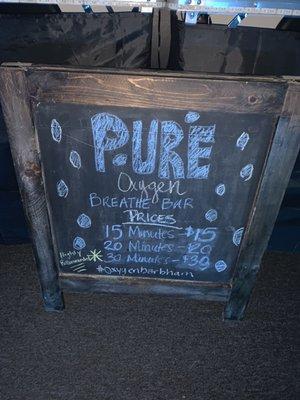 Oxygen bar menu