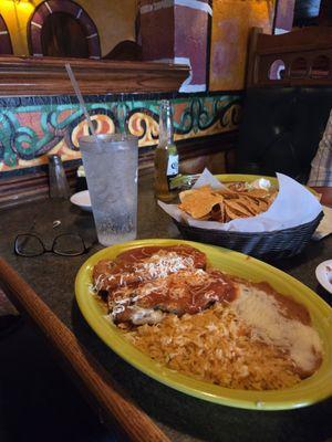 Chile rellenos, beans, spanish rice
