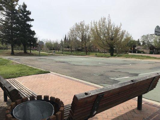 Basketball hoops, full court and benches
