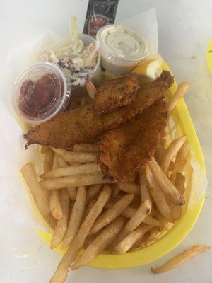 3 Fish Tacos (Fried)served with coleslaw,tartar sauce,cocktail sauce and malt vinegar.