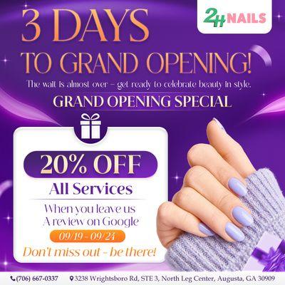 3 DAYS TO GRAND OPENING 
The wait is almost over - get ready to shine at 2H Nails!