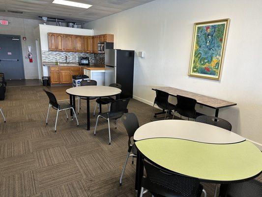 Their kitchen/break area doubles as a relaxing area to take advantage of the WiFi