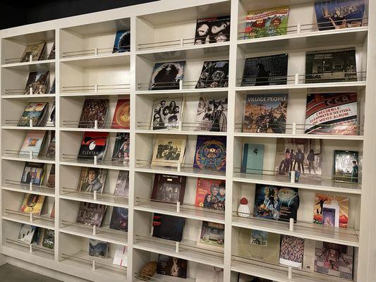 Albums and books in the common room at Cache House hostel.