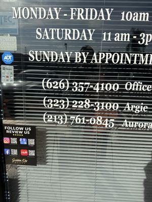 Opening hours & contact numbers