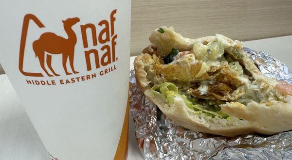 Soda and chicken shawarma pita, sorry, started to eat...