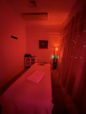 The massage room was so cozy, quietly playing calming music in the background.