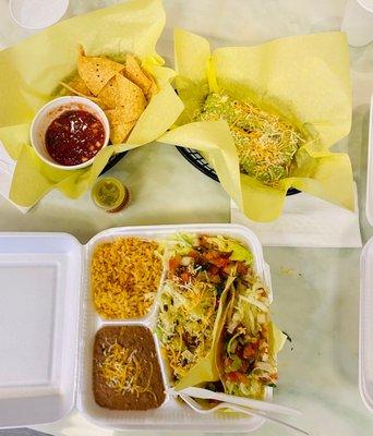 Beef taco and cheese enchilada with rice and beans. Rolled tacos. Complimentary chips and salsa.