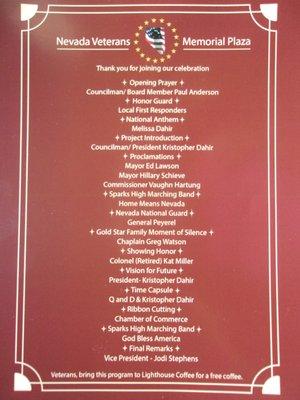 Nevada Veterans Memorial Plaza Ribbon Cutting agenda.