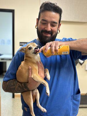 One of the techs and my dog Tuna!