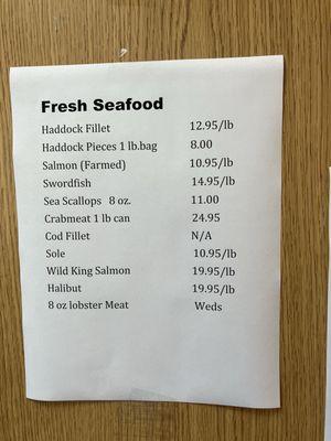 Sample fresh seafood prices (good that day)