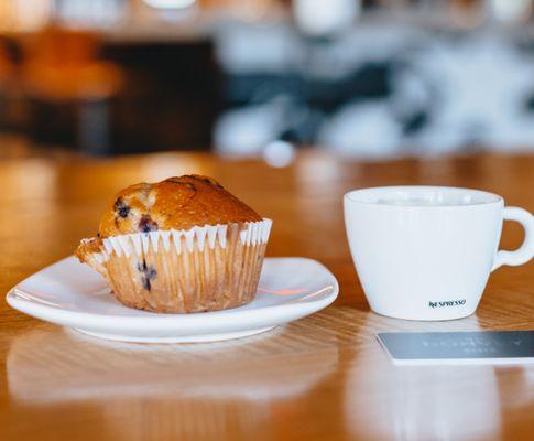 Grab a muffin with a cup of Nespresso coffee for breakfast.