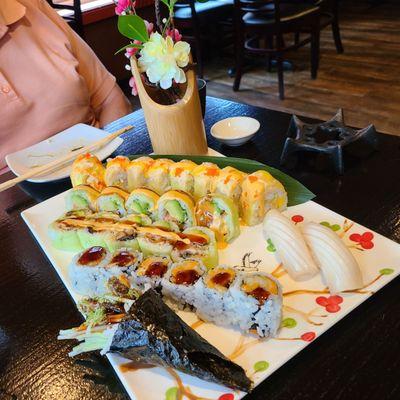 Sushi lunch! Snowman, Delmar, tempura sweet potato, salmon skin hand roll, and escolar