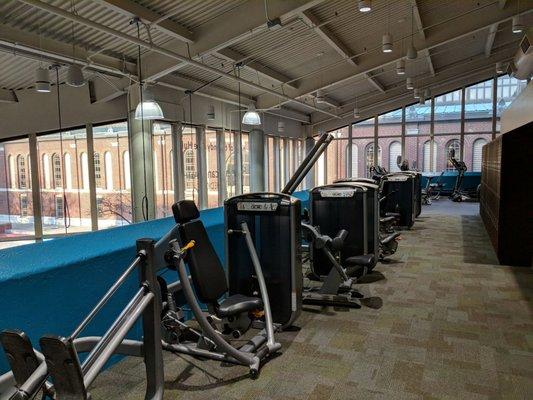 Weight and cardio machines set up on the second floor, overlooking the City Market plaza