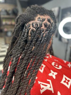 Apple cider vinegar rinse/detox with baking soda and lemon juice.
Cleansing shampoo, moisturizing shampoo, comb/palm roll retwist.