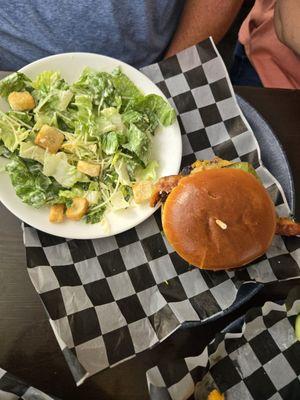 Swamp burger with Ceasars salad. The burger was pretty good, but the salad was a little bland.