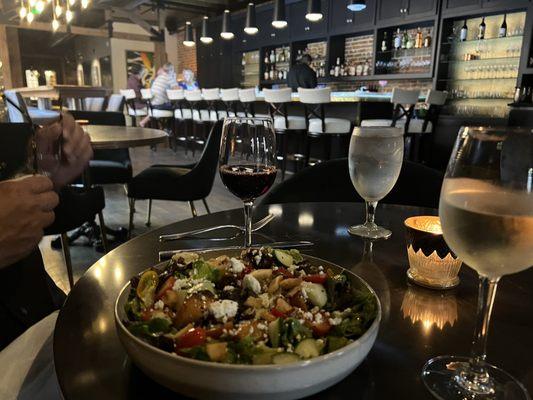 Mixed Salad w grilled peaches, feta, and heirloom tomatoes.