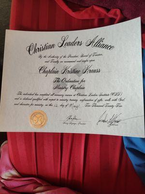 Here is my Chaplaincy Ordination Certificate