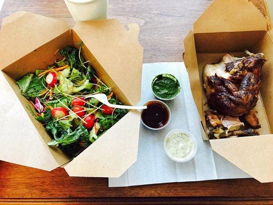 1/4 Quarter Chicken (White) and Garden Salad from salad bar...Approximately $8 bucks! Good deal for Wholefoods!!