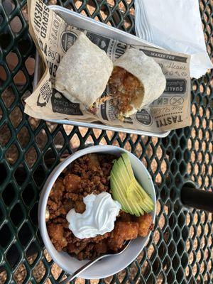 These press bowl with chorizo and the breakfast burrito with bacon