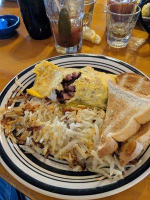 Awesome breakfast, Ham and Sausage Omelet.