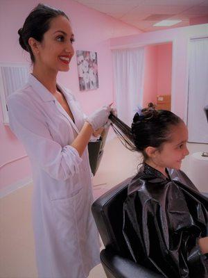 Lice treatment in progress at our Walnut Creek salon.