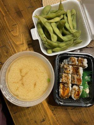 Edamame, miso soup, and sweet pita to sushi roll