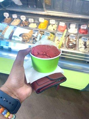 Coconut gelato and raspberry sorbetto