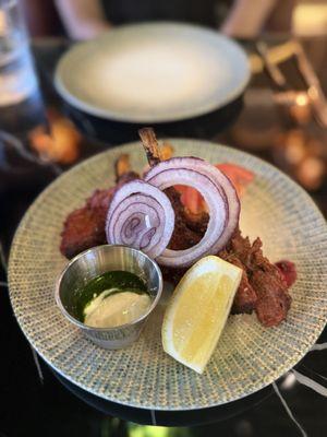 Tandoori Masaledar Goat Chops GF Goat chops / yogurt / nutmeg / spices Large plate