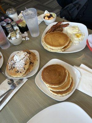 Chocolate Chip Pancakes, Pancakes, Eggs, Bacon