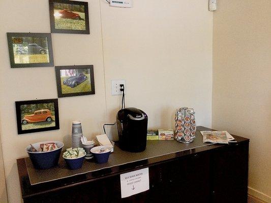 Coffee, tea, water and a snack on us!