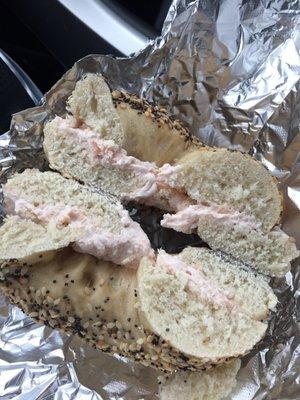 Poppy seed/sesame bagel with lox spread.  Meh.