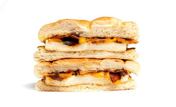 B.E.C. - house-smoked mushrooms, tofu over easy, vegan cheddar, yolk sauce on a kaiser roll