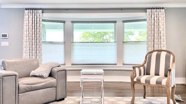 Stationary drapery panels and top-down/bottom-up cellular shades