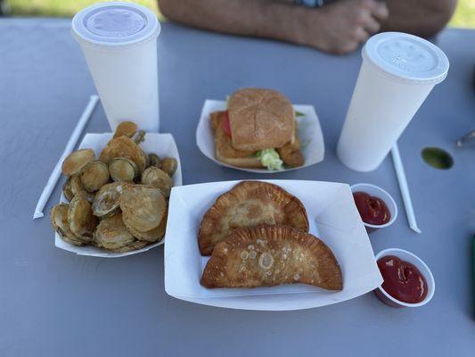 Fried pickles, chicken sandwich, empanadas, and shakes (black raspberry and mint choc chip)