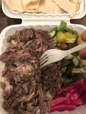 Beef Shawerma Plate. They spread the meat around to cover the rice so you think it's a lot of meat. It's not.