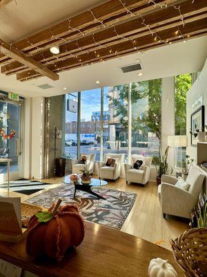 View of clinic waiting area. Clean, elegant furnishings, lots of natural light