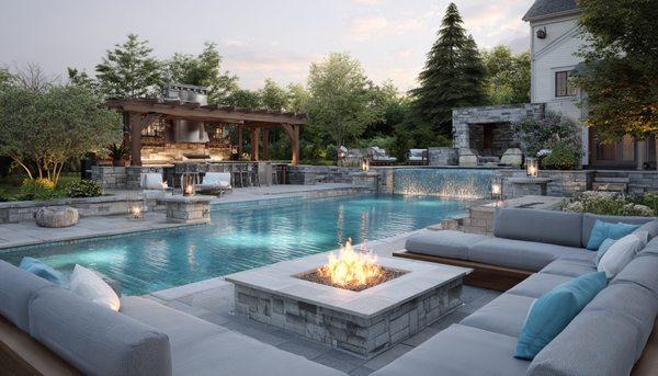 Get Inspired! Luxury Resort-Style Pool with pool,spa spillover, outdoor kitchen, fire pit with lounge seating...
