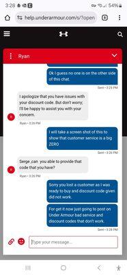 The chat that went nowhere with Customer service at under armour.