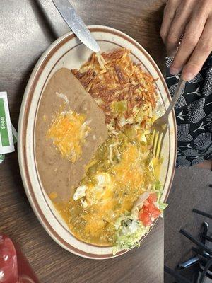 Huevos rancheros with green chili sauce