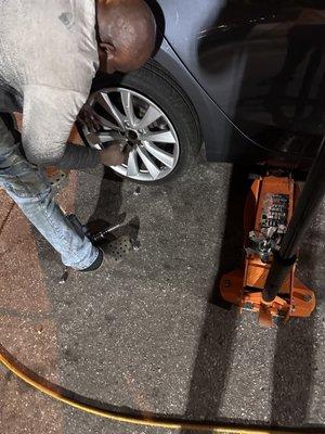 Ole working on the tire