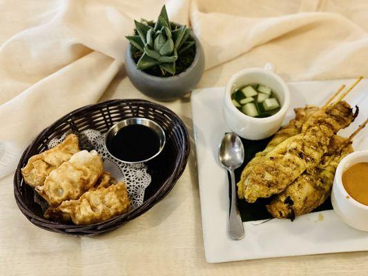 Pot stickers// chicken satay